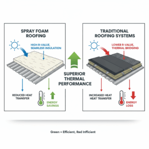 Diagram showing thermal performance comparison between spray foam roofing and traditional roofing systems