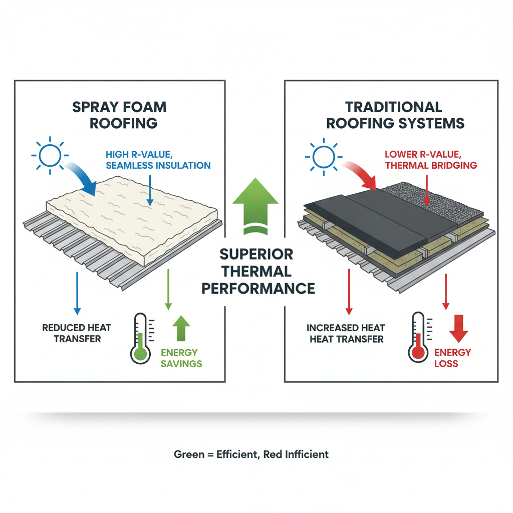 Diagram showing thermal performance comparison between spray foam roofing and traditional roofing systems